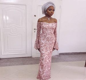 ASO EBI Offtheshoulder Sequinas de manga larga Vestidos de fiesta de encaje de encaje Dubai Formal Wear Gowns 2018 Africa Evening D4230815