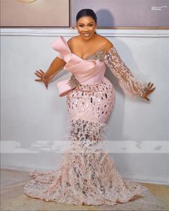 Aso Ebi vestidos de noche de sirena de encaje rosa con plumas 2023 manga transparente de talla grande lentejuelas vestidos de fiesta de graduación para mujeres africanas 322