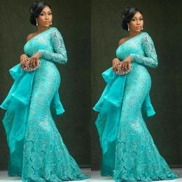 Aso Ebi grande taille Turquoise robes de soirée Peplum une épaule sirène dentelle robes de bal africain dubaï robes de soirée 250y