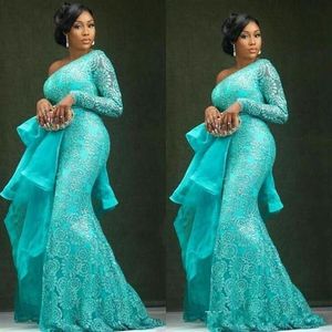 Aso Ebi Plus La Taille Turquoise Robes De Soirée Peplum Une Épaule Sirène Dentelle Robes De Bal Africain Dubai Party Gowns260O