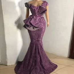 Aso Ebi Purple Mermaid Avondjurken Off Schouder Voer kralen Ruffled Plus Size African Women Prom jurken Grape Formele feestjurk Vestido de novia