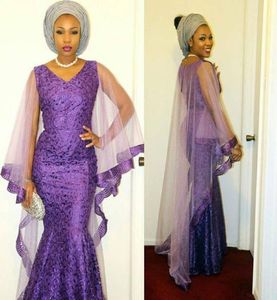 Aso Ebi Purple Prom Robes 2018 V couche-cou en tulle manches de soirée Robes de soirée de taille plus sirène