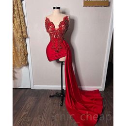 Aso Ebi Rouge Arabe Robes De Bal Courtes En Dentelle Perlée Sexy Soirée Formelle Deuxième Réception Anniversaire Fiançailles Demoiselle D'honneur Robes De Noche Femme Robes