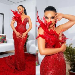 Aso Ebi Tapis Rouge Luxueux Plume Sirène Robes De Bal De Soirée Perlée Fête D'anniversaire Deuxième Robe De Réception Africaine Arabe Nigeria Robe Robes De Fiançailles ST308