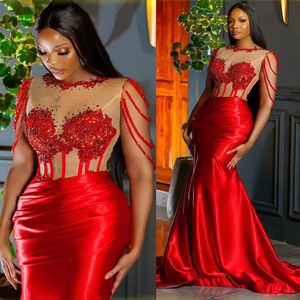 Aso Ebi Sirena roja Vestidos de baile Corsé de ilusión Vestidos de noche formales largos Apliques de encaje Rebordear Mujeres africanas Ropa para ocasiones especiales 2023