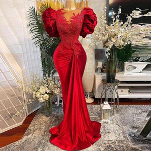 Aso Ebi Rouge Velours Perles Robe De Soirée Avec Manches Bouffantes Afrique Appliques De Mariée Sirène Robes De Bal Plus La Taille Formelle Parti Gow