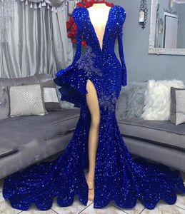 Aso Ebi Royal Arabic Blue Prom jurk kristallen kristallen Mermaid avond formeel feest tweede receptie verjaardagsbetrokkenheid gwons jurken robe de soiree zj es es