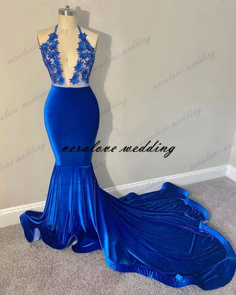 Aso Ebi Royal Blue Prom Dress Mermaid Halter Neck Velvet Split Vestidos de noche para mujeres africanas Party Wear Vestidos