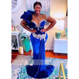 Aso Ebi bleu Royal Veet Appliques robes De soirée longue robe De soirée volants sirène robe De bal robes De Boda