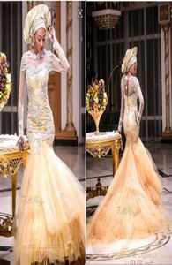 Aso ebi zie door lange mouwen zeemeermin organza kralen Appliques gele plus size Afric prom jurken 2016 uitgesneden feestjurken5150210