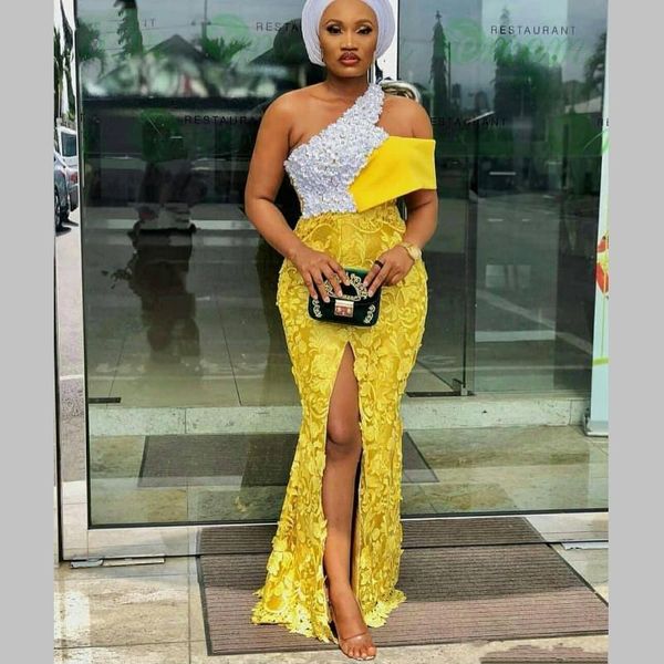 Aso Ebi Sexy arabe dentelle sirène robes de soirée une épaule 2021 fleurs appliques avant fente robe de bal femmes formelle fête Vestidos