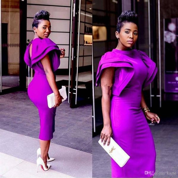 Aso Ebi Style africain col haut violet bal robes de cocktail 2019 sirène Vintage thé longueur arabe formelle robes de soirée dresses2347