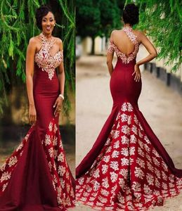 Aso Ebi -stijl Donker Red Sexy Mermaid Evening Jurken Modest Lace High Neck Backless Sweep Train Trapet Afrika Prom Party G2006348