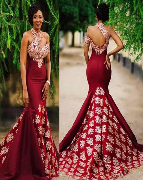 ASO EBI Style Dark Red Sexy Sirène Soirée Pageant Robes Modest Lace High Cou Backless Sweep Train Train Africa Prom Prom Party G9711396