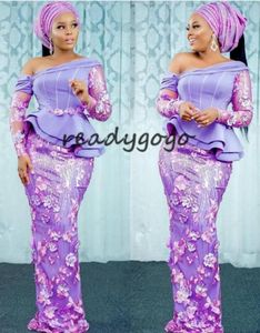 Aso Ebi-stijl Lavendel Avondjurken met lange mouwen 2020 Kant 3D Bloemen Afrikaanse Nigeriaanse Prom Party Bruidsmeisjesjurk4371507
