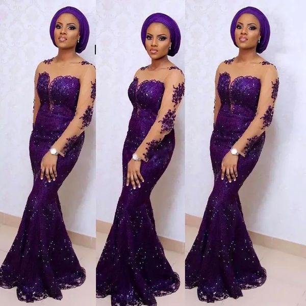 Robes de soirée sirène violette de style Aso Ebi pour le coude à manches longues de nouveau style