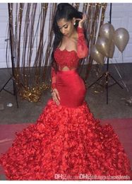 Aso Ebi -stijl Red Prom Dresses Two -Piece 3d Rose Flowers For Women Party Draag Backless Dubai Lange Mouw Formele avondjurken Cust4836709