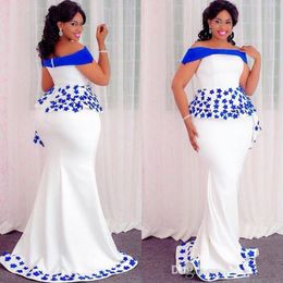 Aso Ebi Styles Mermaid Evening Formal Dresses with Peplum 2019 Off Shoulder Lace Floral African Nigerian Occasion Prom Party Gown 267c