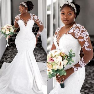 Aso Ebi Robe de mariée pour mariée grande taille sirène col transparent manches longues perles appliquées dentelle à plusieurs niveaux robes de mariée en tulle pour africain Dubaï Nigeria femmes noires NW127