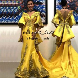 Aso Ebie arabe sirène robes de bal 2022 jaune tache 3D Floral Applique pure col rond Caftan Dubai luxe robe de soirée porter