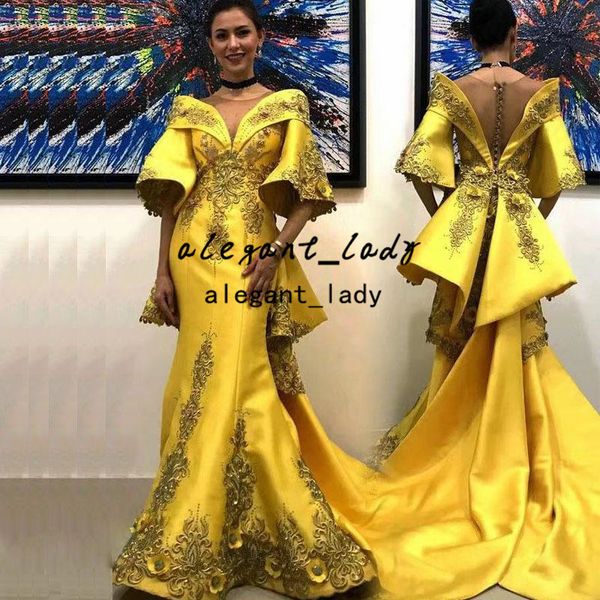 Aso Ebie arabe sirène robes de bal 2022 jaune tache 3D Floral Applique pure col rond Caftan Dubai luxe robe de soirée porter