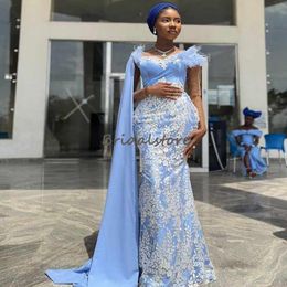 Aso Ebie bleu clair robes de bal 2023 élégante robe de soirée sirène africaine avec dentelle plume femmes robe de soirée à manches longues Chic Occasion Gala Vestidos robes formelles