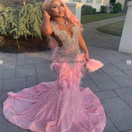 Aso Ebie Vestido de fiesta rosa con lentejuelas para niñas negras con plumas y diamantes de imitación Vestidos de noche con cuentas Desfile Formal de lujo Árabe Dubai Vestidos De Noche Robes De Soiree