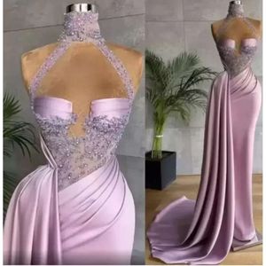 Aso nouveau sexy Ebi arabe bal grande taille lilas dentelle perlée gaine robes de soirée col haut plis deuxième robes de réception sur mesure