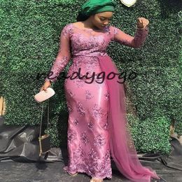 Estilos de Asoebi Sirena Vestidos formales de noche con cinta lateral 2019 Rose Pink Lace Stain Jewel African Nigerian Prom Dresses Plus S2835