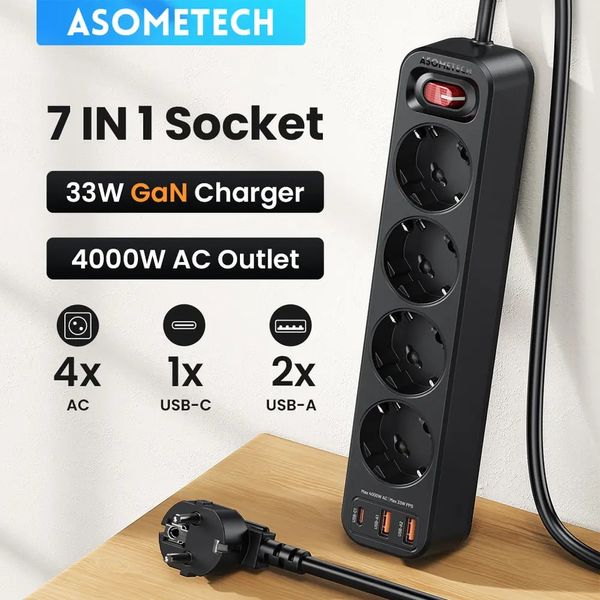 ASOMETECH 4000W Power Strip Multi Outlet 1.5M Cable de extensión Filtro de red con 3 USB PD 33W CARGA RÁPIDA Protector 240415