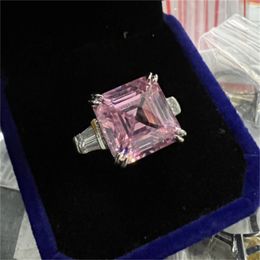 Asscher gesneden 12 mm lab roze diamanten ring 100% reëel 925 sterling zilveren feest trouwringen voor vrouwen mannen verloving sieraden