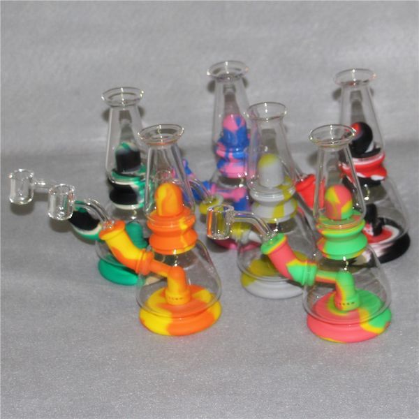 Ensamble cachimbas de percolador de cabezal de ducha de tubería de agua de silicona con 4 mm Banger de cuarzo Burbujeador de vidrio de grado alimenticio Silicon Dab Rig