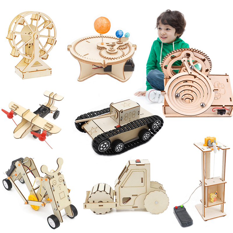 Modello di assemblaggio Giocattoli da costruzione per bambini Puzzle in legno 3D Kit meccanico Gambo Scienza Fisica Giocattolo elettrico Regalo di Natale per bambini