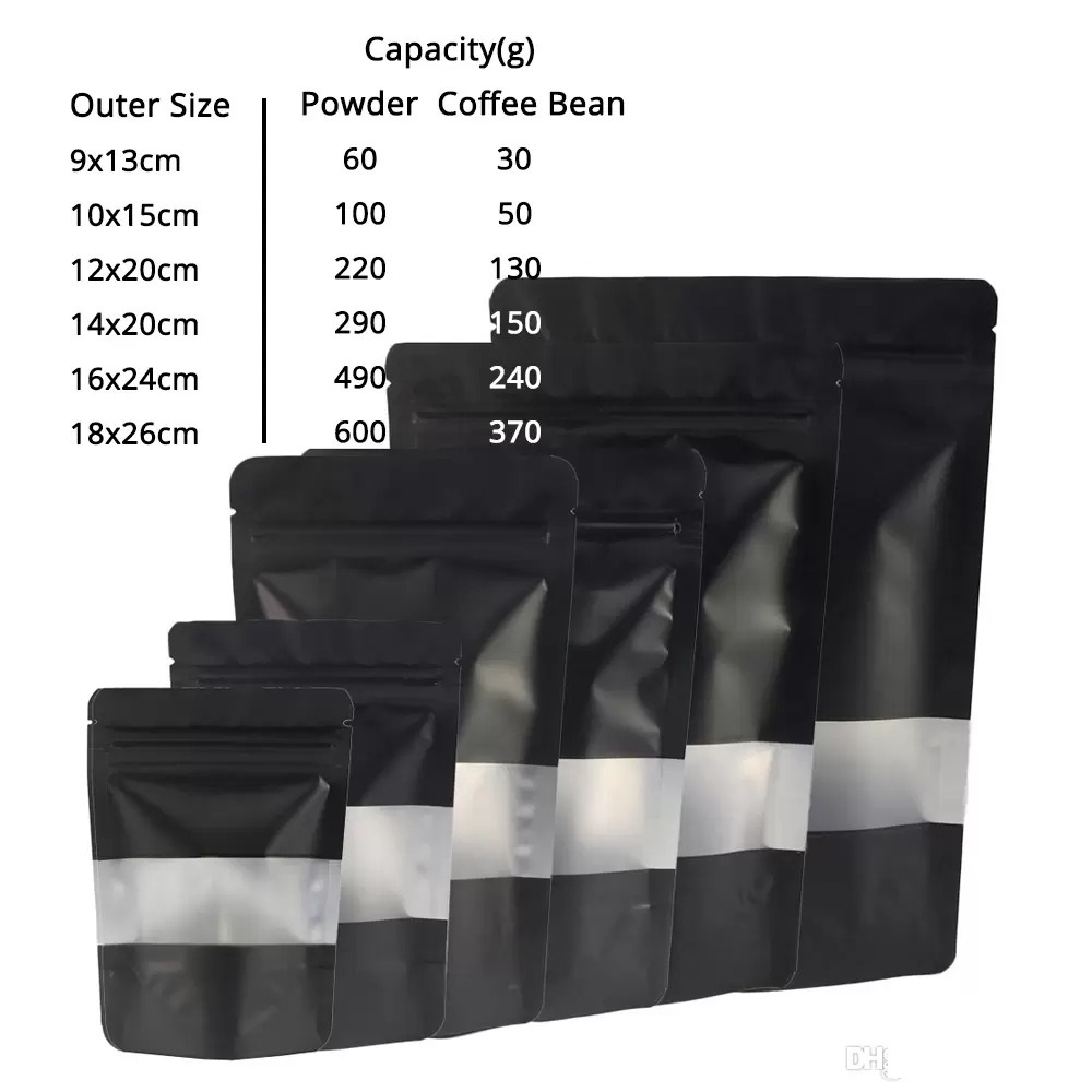Assorted Size Matte Black With Clear Rectangle Window Front Silver Inside Black Back Foil Mylar Stand Up Zip Bags With Tear
