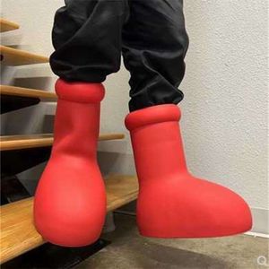 Astro Boy MSCHF Botas rojas Hombres Mujeres Botas de lluvia de goma Rocket 2023 Diseñadores Grueso Fondo largo Botines antideslizantes Plataforma Bootie Moda Astro Boy Gw4 cos