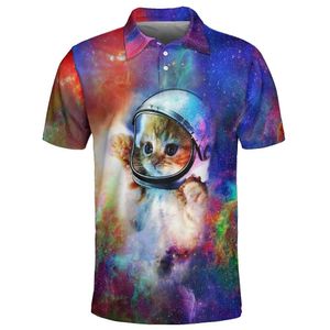 Astronaute chaton imprimement décontracté polyvalent le polo pour hommes bouton bouton up up top top sports confort