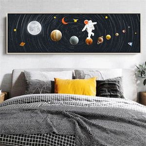 Astronaute espace marche et forme de lune toile peinture abstraite système solaire planètes affiches impressions nordique mur Art décor à la maison 240327