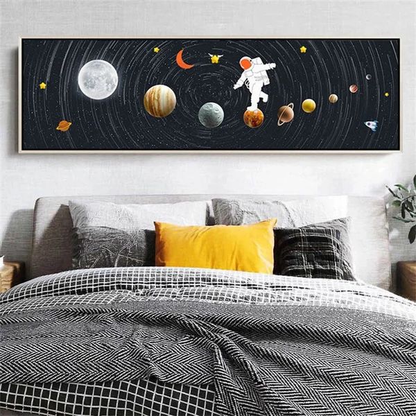 Astronauta espacio caminando y forma de luna lienzo pintura abstracta sistema solar planetas carteles impresiones nórdico arte de la pared decoración del hogar 240327