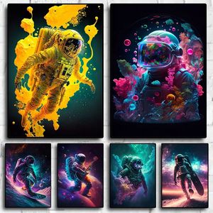 Astronauten kleurrijk canvas schilderen neon ruimte bloemen poster magische bos esthetiek print muur kunst kinderen slaapkamer woonkamer woning decor geen frame wo6