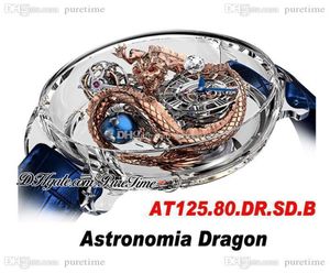 Astronomia Tourbillon 18K Rose Gold Dragon Swiss Quartz Mens Watch Pave Piece Unique Fully Transparent Glass 3D Engraving Blue Lea2672539