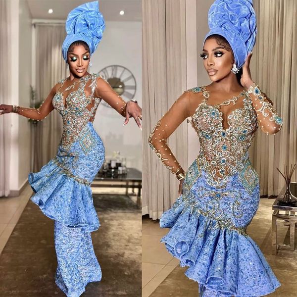 Vestidos de fiesta asimétricos Aso Ebi Espaguetis Tul brillante Mangas largas Lentejuelas con cuentas brillantes Estilos africanos Vestido de noche Vestidos de segunda recepción Fiesta