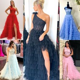 Asymmetrische nek prom-jurk 2K23 Een schouder hoge spleet a-line ruches ruche tule dame optocht formeel avondevenement feest landingsbaan zwart-tie gala rode loperjurk periwinkle periwinkle