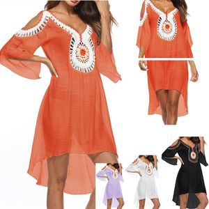 Asimetría Swim Cover Up Túnica Vestido de playa Verano Mujer Ropa de playa Boho Traje de baño Ups Vestidos naranjas Pareo blanco Ropa de playa T200324