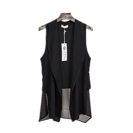 Asymmetrie witte zomer lange chiffon vesten voor vrouwen Koreaanse mode mouwloze vest vrouwelijke vest vest mouw zwart jas jas 210817