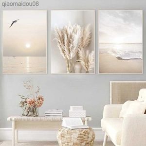 AT14 3Pcs Beige Gras Zonsondergang Strand Palmboom Canvas Schilderij Nordic Posters En Prints Muur Foto 'S Voor Woonkamer decor L230704