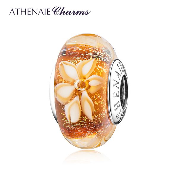 ATHENAIE 2019 Nouveau 925 Sterling Silver Golden Shimmer Fleur De Jasmin Murano Verre Charmes Perles Fit Femmes Charmes Bracelet Bracelet Q0531