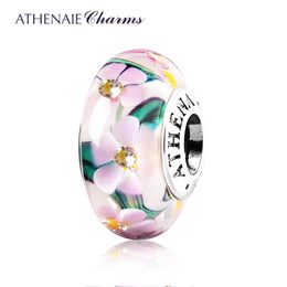 Athenaie Echt Murano Glas 925 Silver Core Flower Garden Charms Bead Fit Europese Armbanden Ketting voor Dames DIY Sieraden Q0531