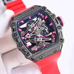 Athleisure RM Wrist Watch RM3802 Pink Wine Bucket Fibre Fibre Hollow Mechanical Watch Mens Highend Casual Sports Watch
