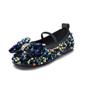 Atletische outdoor mode meisjes schoenen kinderen bling schoenen slip-on loafers zacht lovertjes lovertjes doek kinderen flats glitter jurk schoenen voor bruiloft boog-knoop w0329