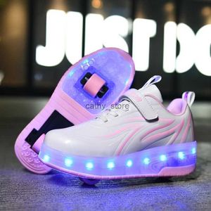 Athletic Outdoor Nieuwe USB Charging Children Light Sneakers met 2 Wheels Designer Luminous Baby Girls Boys Led Kids Roller Skate Shoesl231221